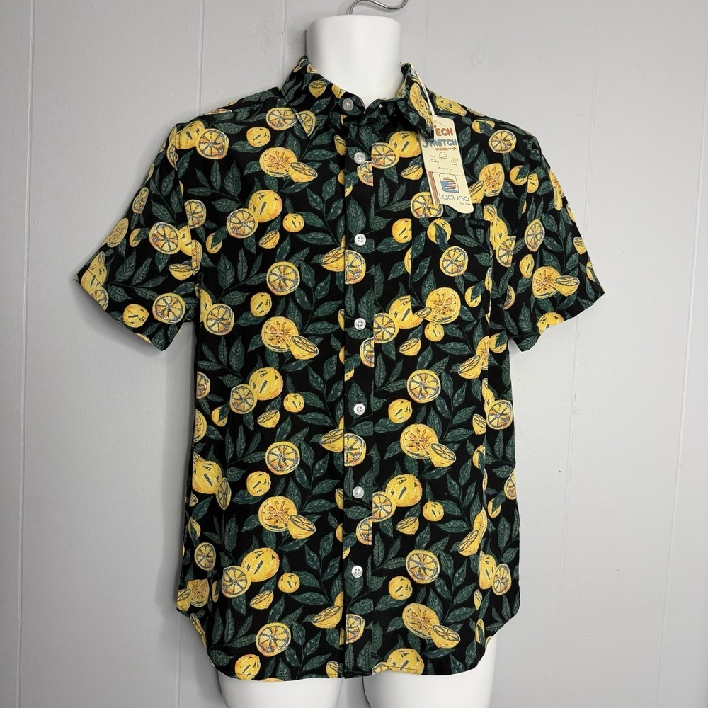 Laguna Tech Stretch Button Down Shirt Hawaiian Lemon Mens Size Small New